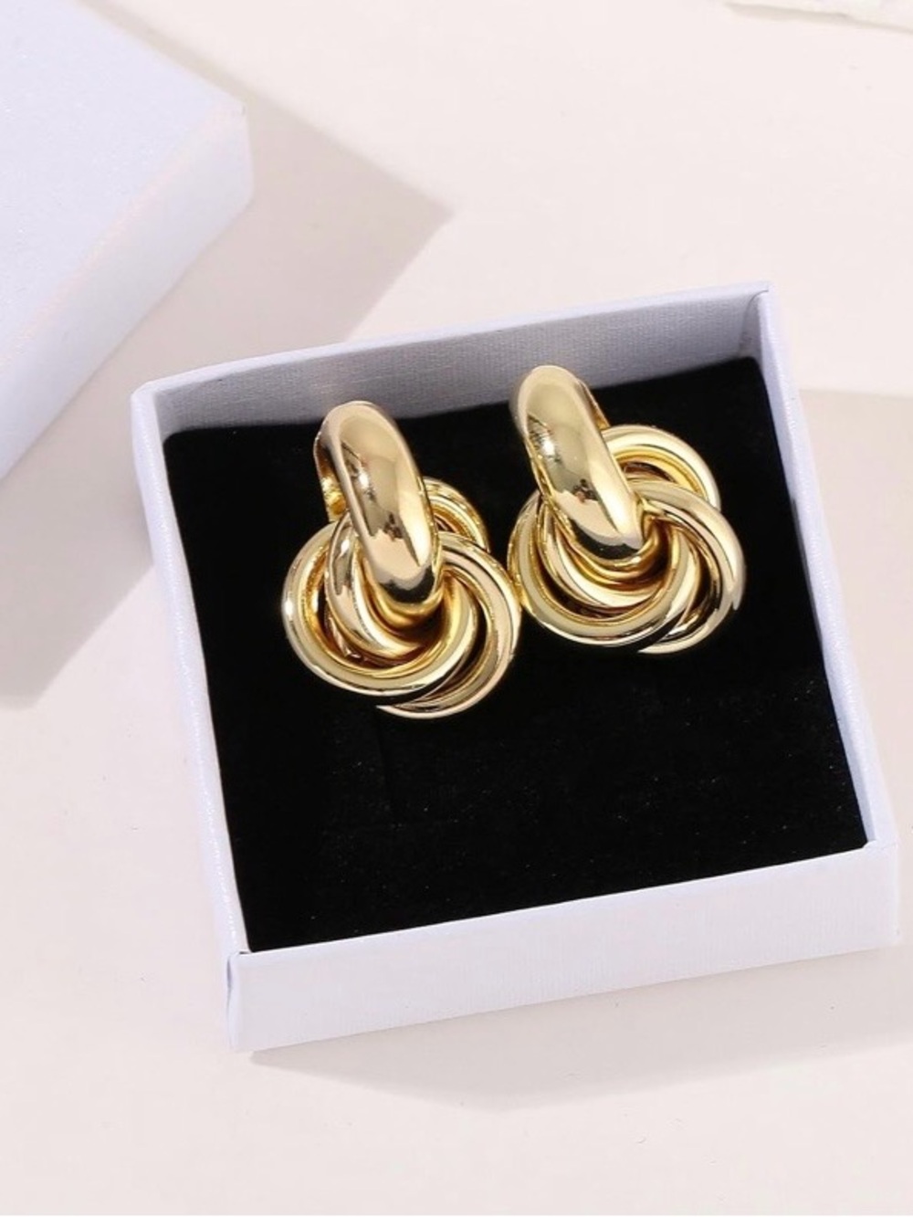 Gold Knot Stud Earrings Chunky Statement Earrings 14K Gold Tone Minimalist - Picture 5 of 6